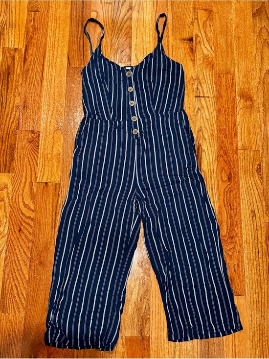 Sanctuary Pants - Sanctuary Navy Blue Striped Button-Front Cropped Wide Leg Jumpsuit